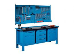 Heavy duty steel workbenches, with a powder coated RAL5012 blue fini