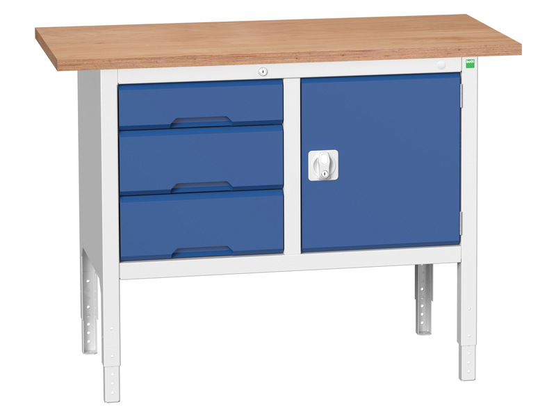 Workshop Storage Bench (3 Drawers & Cupboard, Light Grey / Blue)