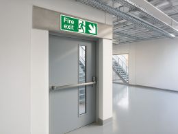 "Fire Exit Down Right" Fire Exit Direction Sign