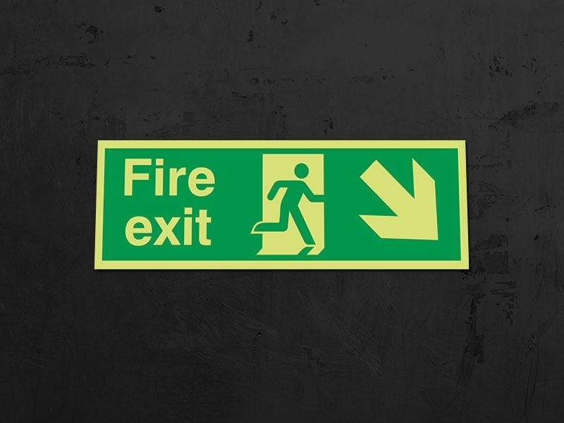 "Fire Exit Down Right" Glow in the Dark Safety Sign