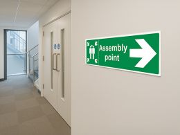 "Fire Assembly Point" Arrow Right Sign