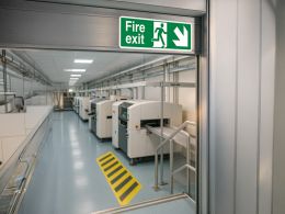 "Fire Exit Down Right" Fire Exit Direction Sign