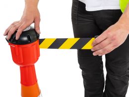 Yellow and Black Retractable Cone Barrier - Cone Topper - 10.1m Belt Length