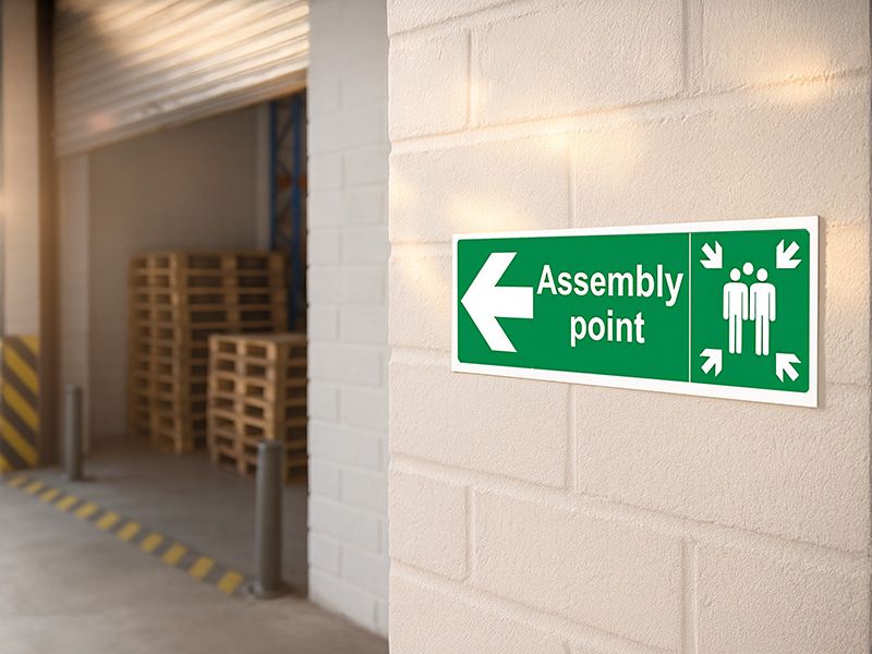 "Fire Assembly Point" Arrow Left Sign