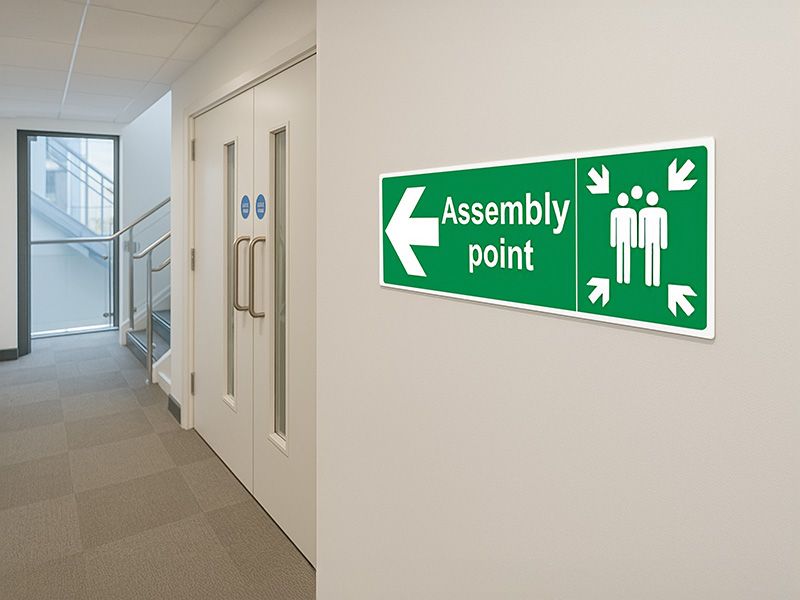 "Fire Assembly Point" Arrow Left Sign