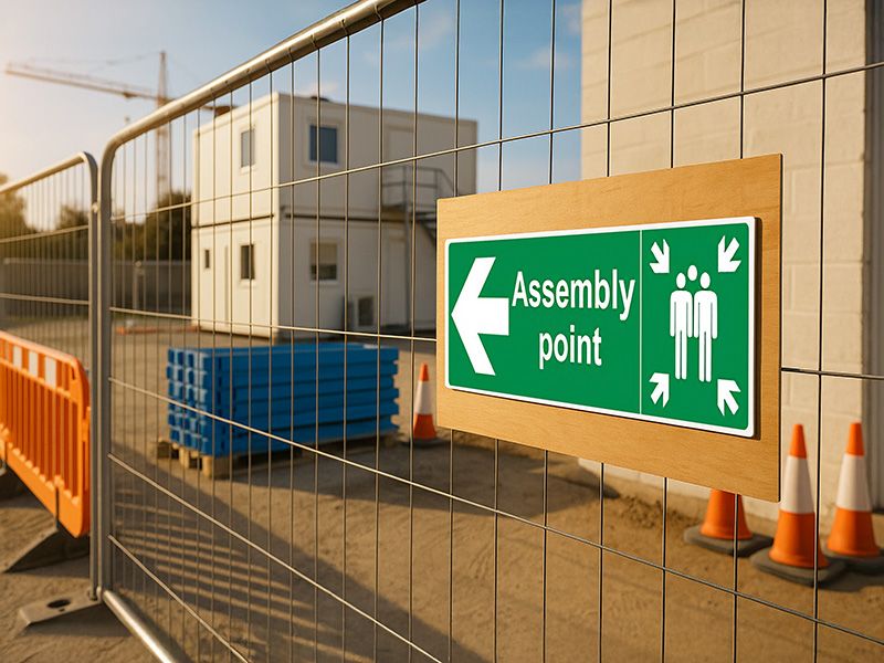 "Fire Assembly Point" Arrow Left Sign