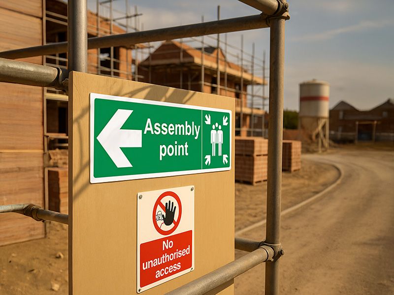"Fire Assembly Point" Arrow Left Sign