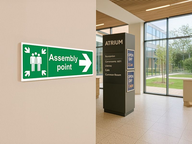 "Fire Assembly Point" Arrow Right Sign
