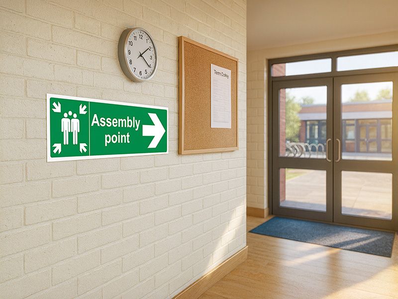 "Fire Assembly Point" Arrow Right Sign