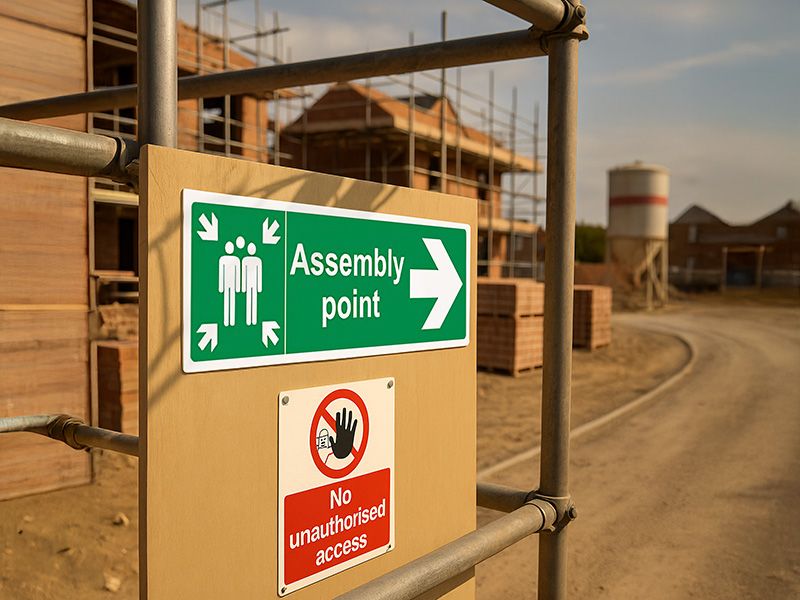 "Fire Assembly Point" Arrow Right Sign
