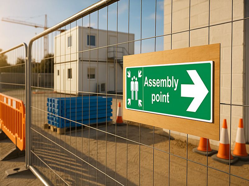 "Fire Assembly Point" Arrow Right Sign