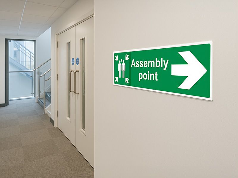 "Fire Assembly Point" Arrow Right Sign