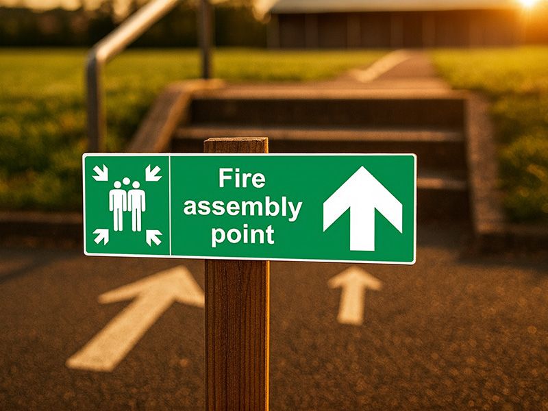 "Fire Assembly Point" Arrow Up Sign