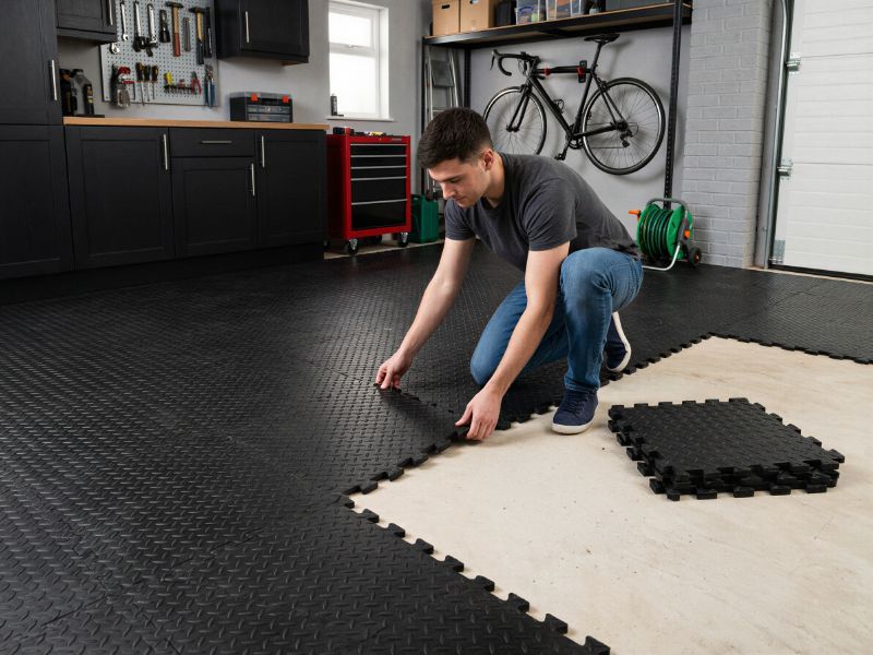 Single Garage Floor Vinyl Tile Bundle - Checker Plate - Black - 3m x 6m Total Coverage
