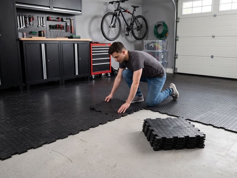 Single Garage Floor Vinyl Tile Bundle - Dotted - Black - 3m x 6m Total Coverage
