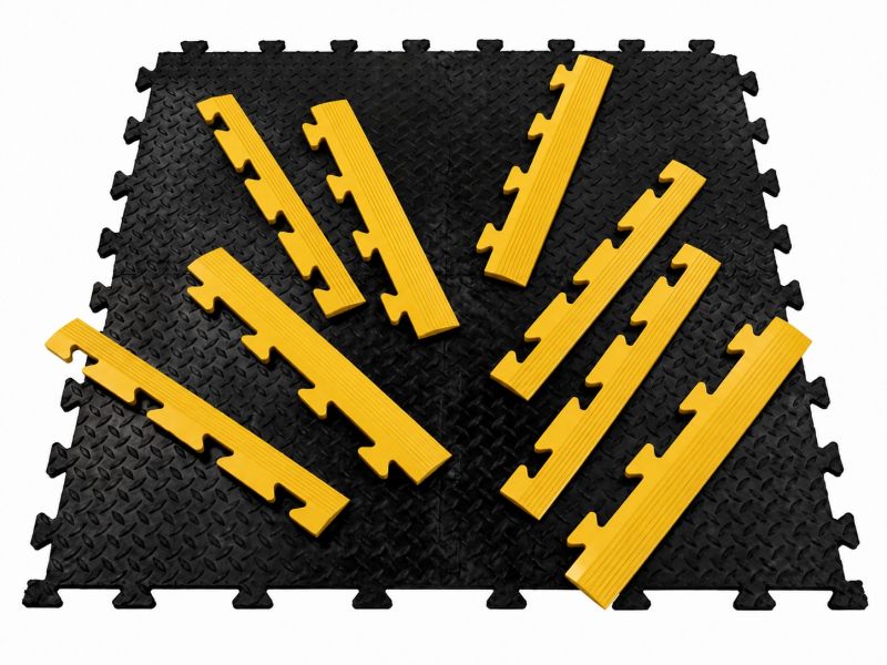 Interlocking Floor Tile Ramped Edging - Male & Female - Black & Yellow - 470 x 60 x 12mm