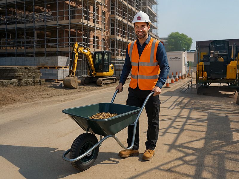 Construction worker using a wheelbarrow trolley on site