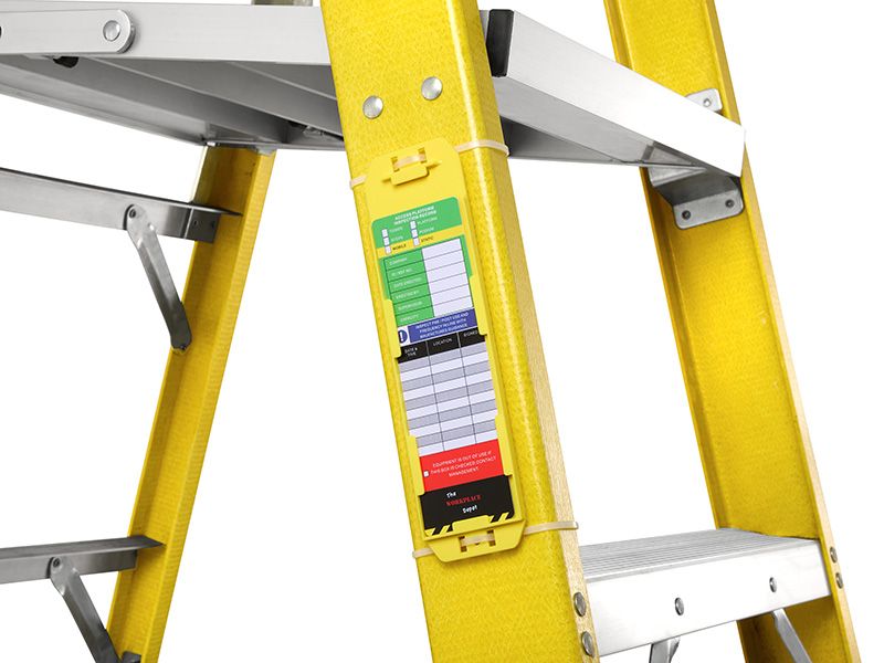 Ladder safety tag attached to a step ladder