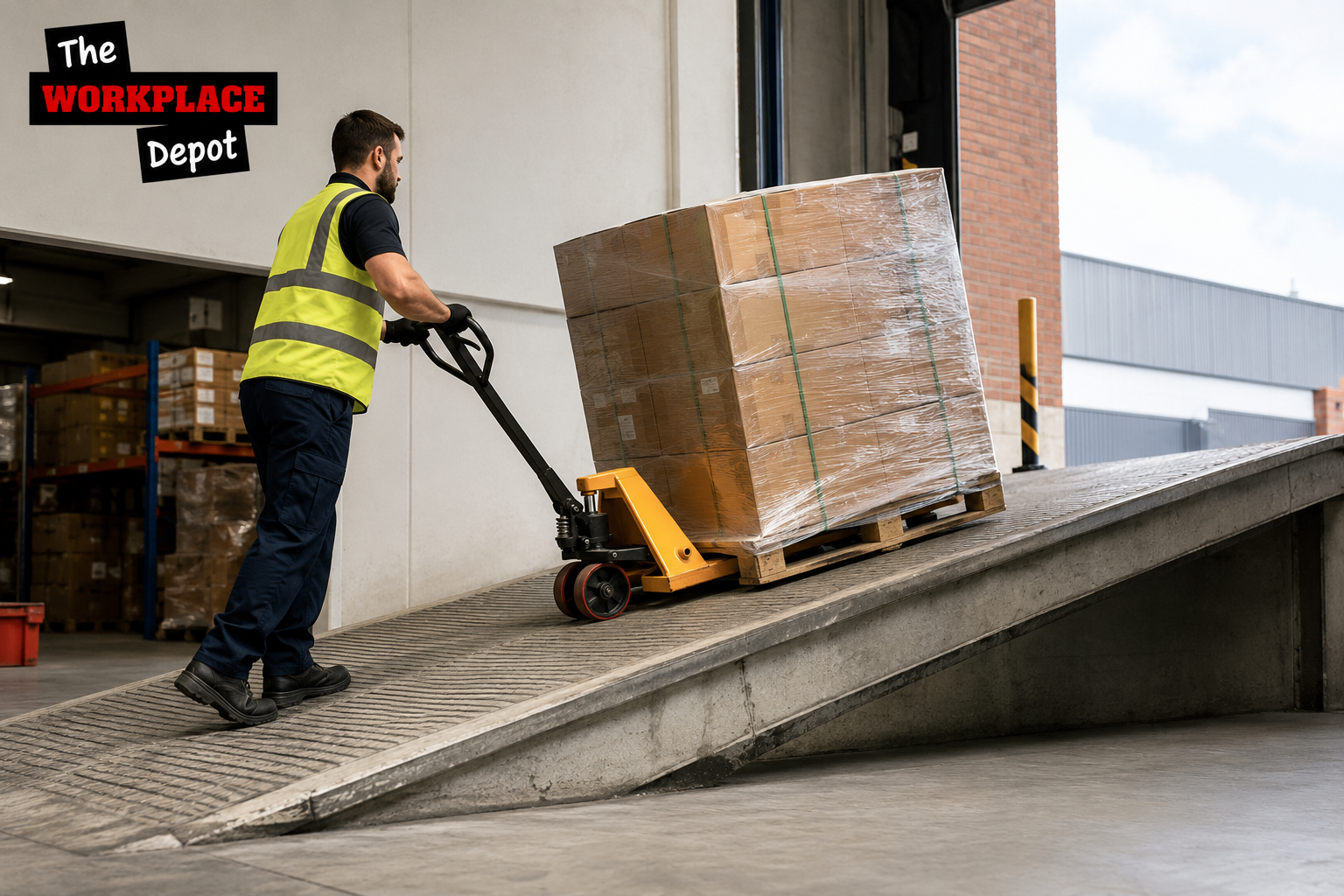 Pallet truck moving a load on a ramp