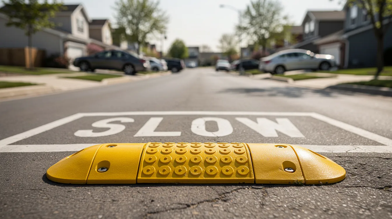 Speed cushion installed on a road with slow marking