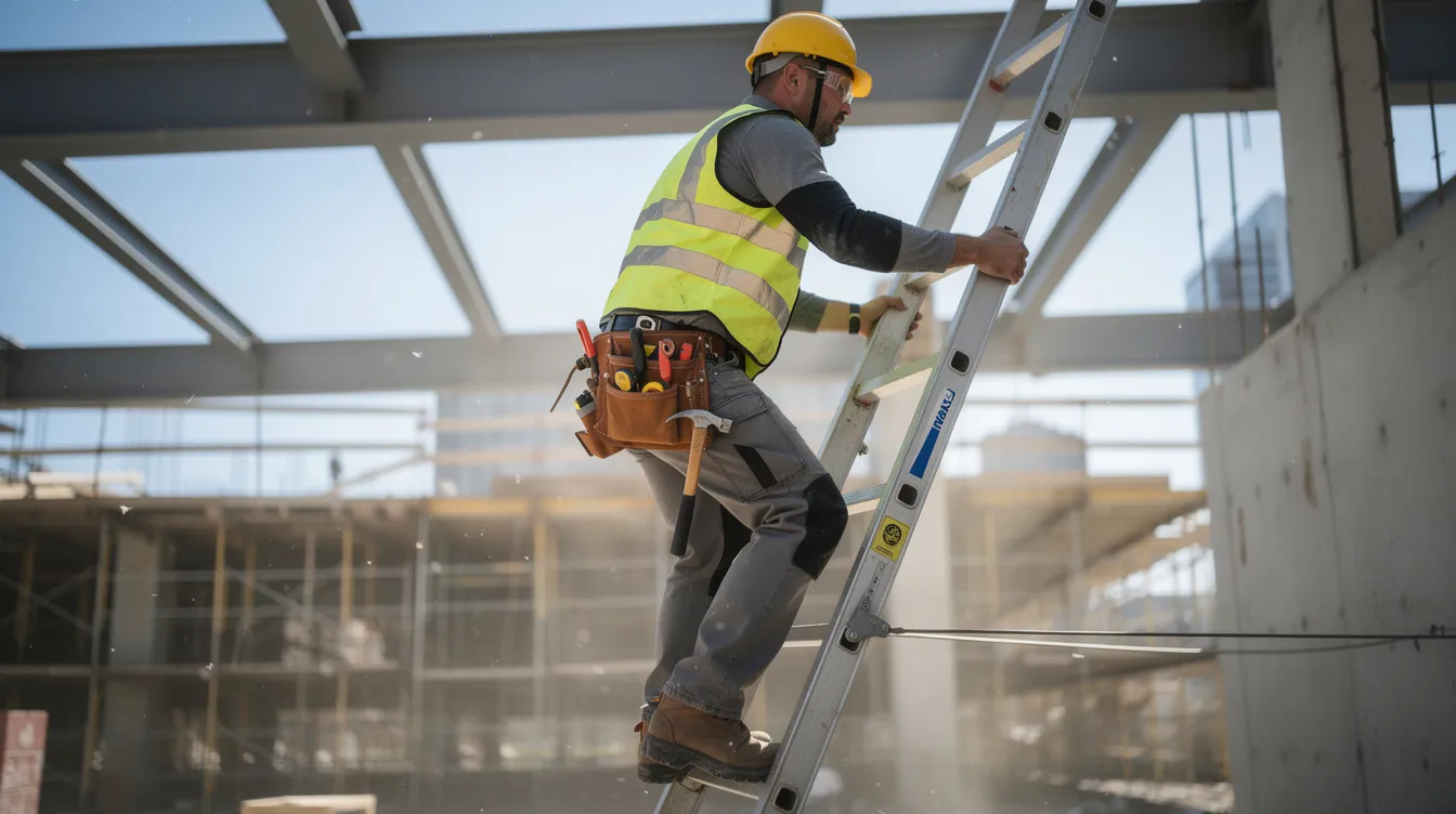 Worker maintaining three points of contact on a ladder