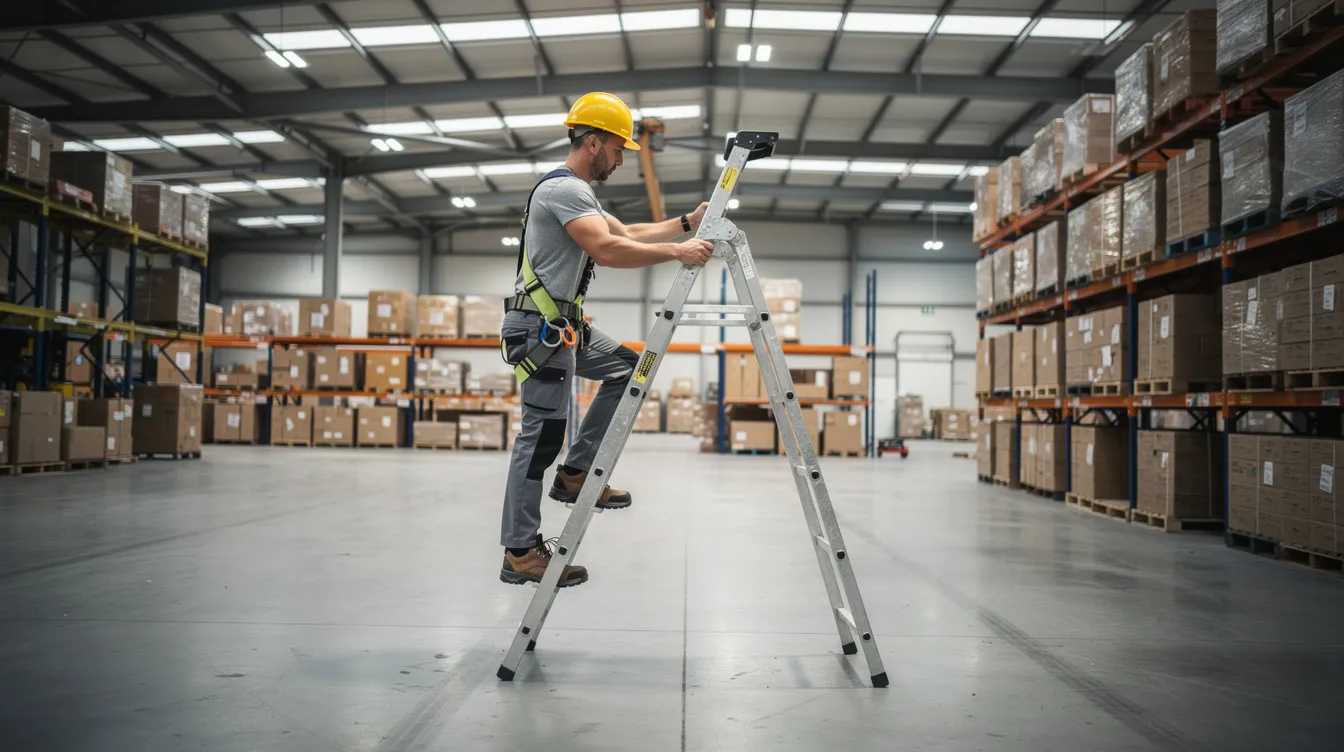 Worker using a stepladder in a warehouse while maintaining contact