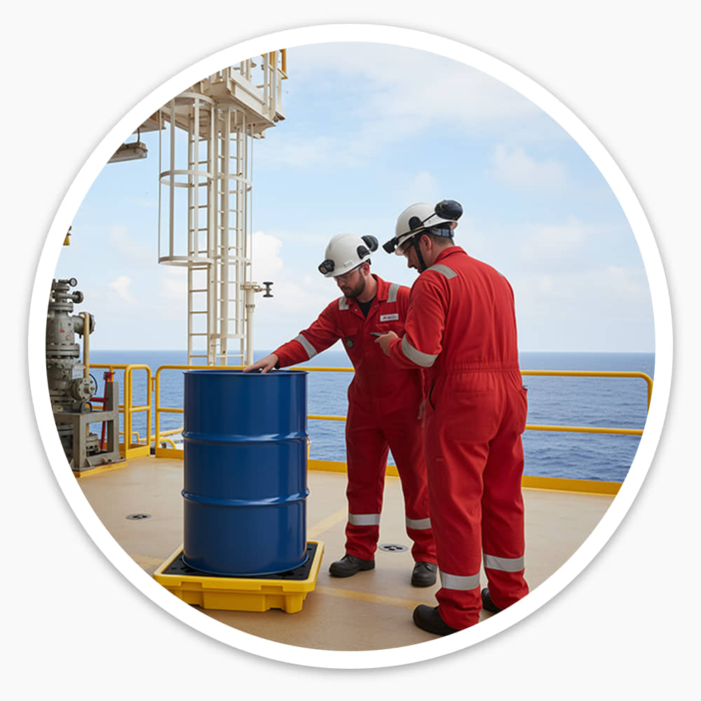 Two workers in red overalls checking a blue drum on a yellow 1 Drum Spill Pallet on an offshore platform