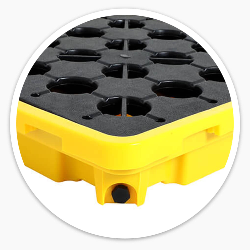 Yellow polyethylene 1 drum spill pallet with a black perforated grid over its sump, shown low on a white background