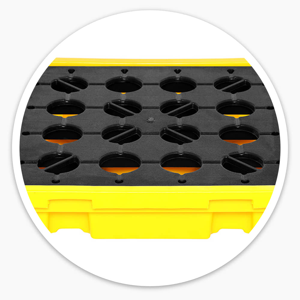 1 Drum Spill Pallet in yellow polyethylene with a black perforated grid on top, shown on a white background