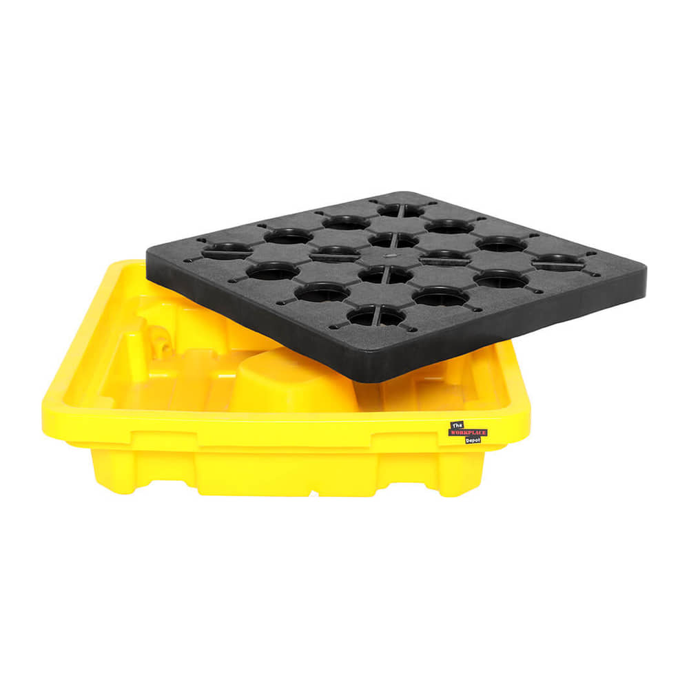 Black grid lifted out of the yellow 1 Drum Spill Pallet to show the open sump beneath