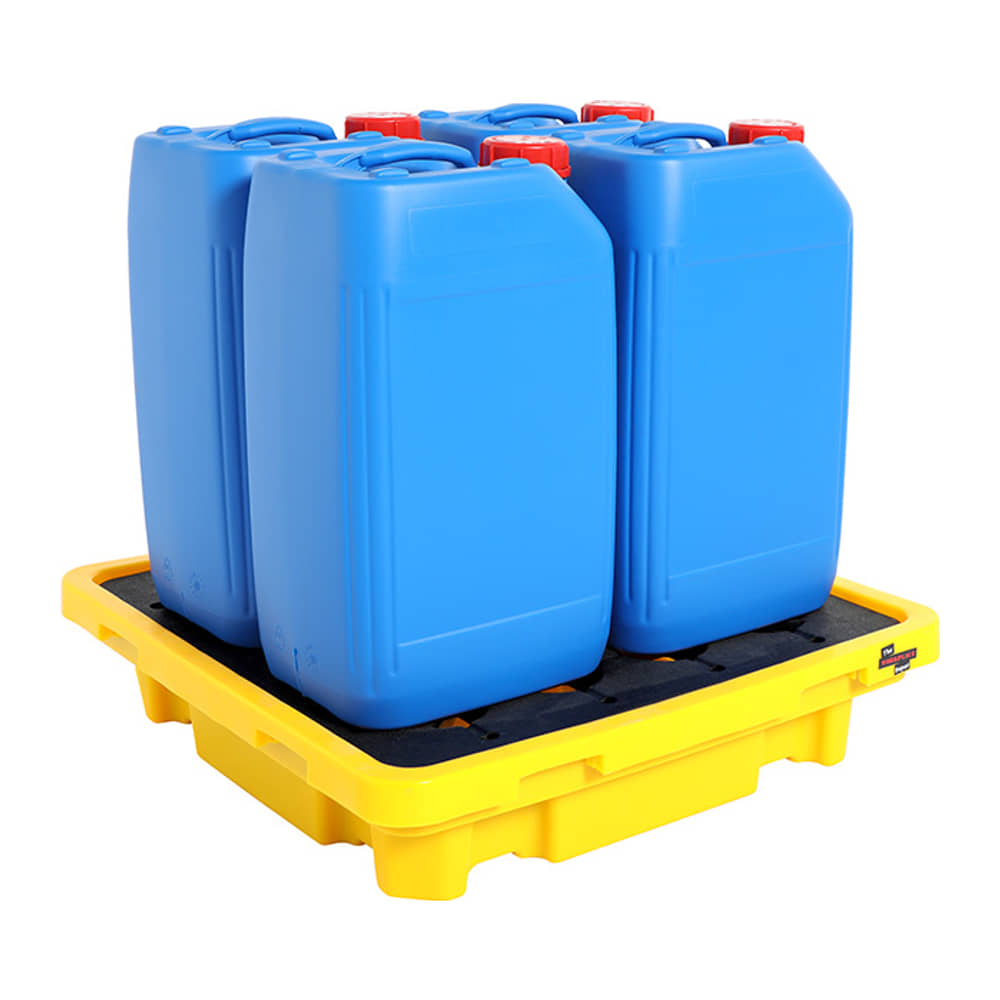 Four blue jerry cans stored on the yellow 1 Drum Spill Pallet