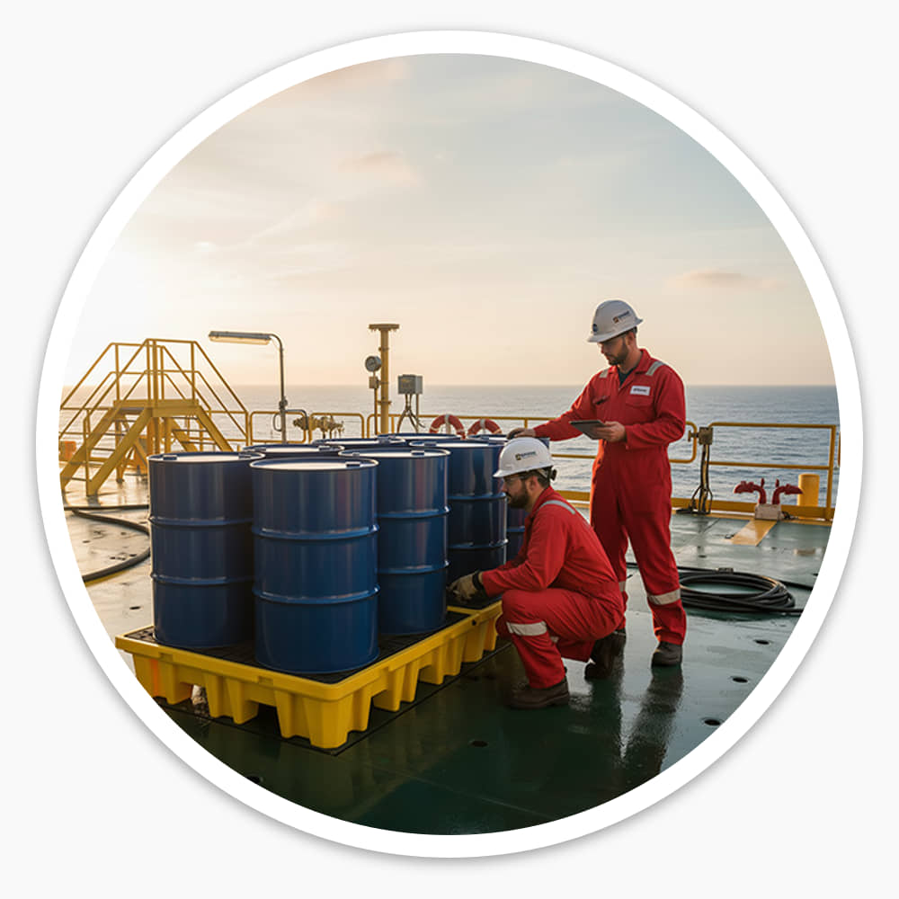 Workers in red overalls checking blue drums stored on a yellow 8 Drum Spill Pallet on an offshore deck