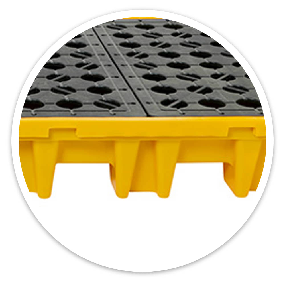 8 Drum Spill Pallet in yellow polyethylene with black grids, showing the forklift gaps along its side