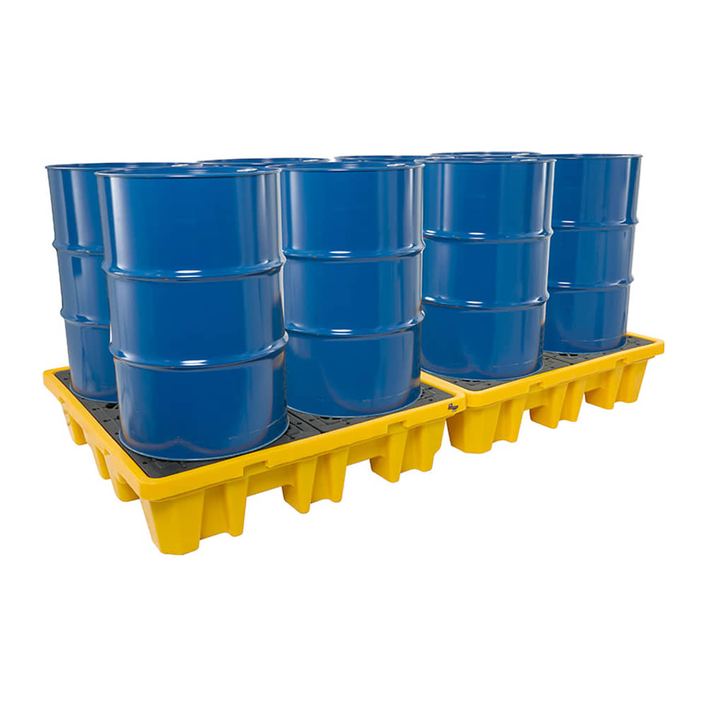 8 drum spill pallet in yellow polyethylene with black grids, holding eight blue steel drums across two joined units