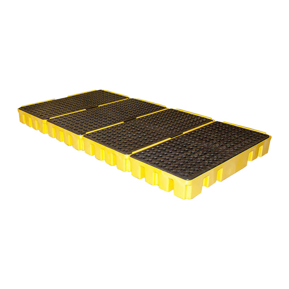 8 drum spill pallet in yellow polyethylene with four black removable grid sections over the sump, on a white background