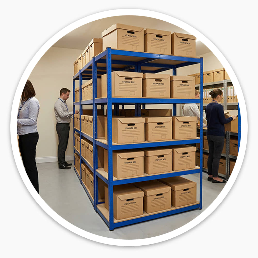 Archive box shelving loaded with filing boxes in a busy office records room with staff