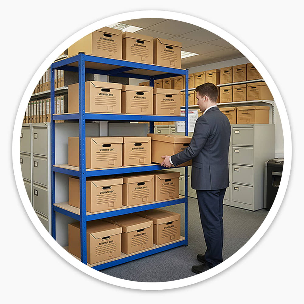 Office worker lifting a full archive box onto blue archive box shelving