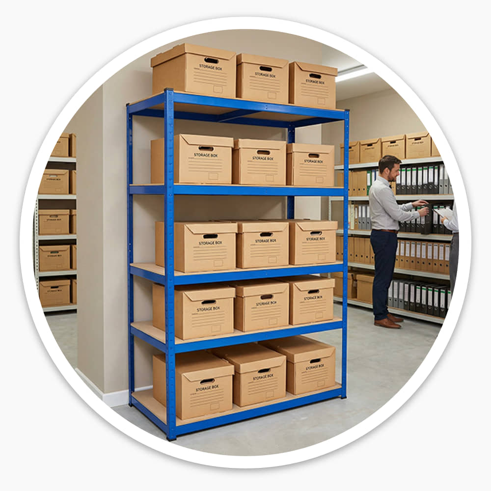 Blue archive box shelving with 5 shelves holding rows of cardboard storage boxes in an office storeroom