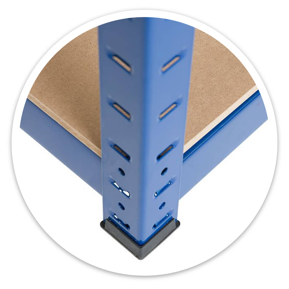 Close-up of a steel upright and foot plate on blue archive box shelving