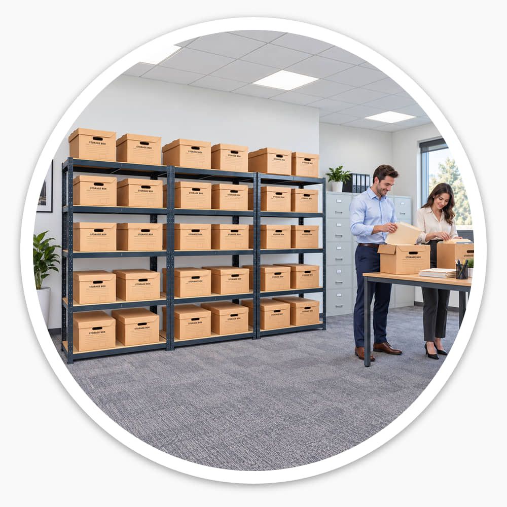 Archive Shelving System filled with storage boxes along an office wall while two colleagues sort files