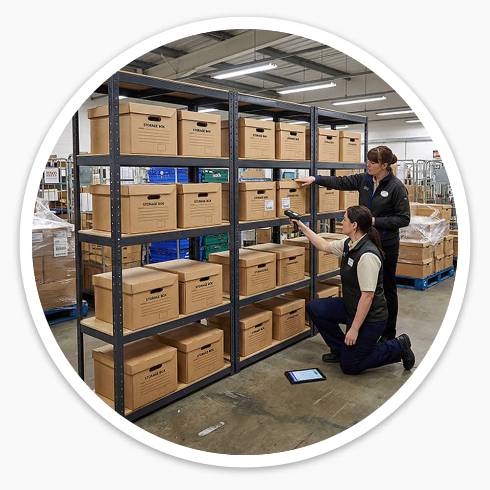 Warehouse staff checking stock on an Archive Shelving System loaded with storage boxes