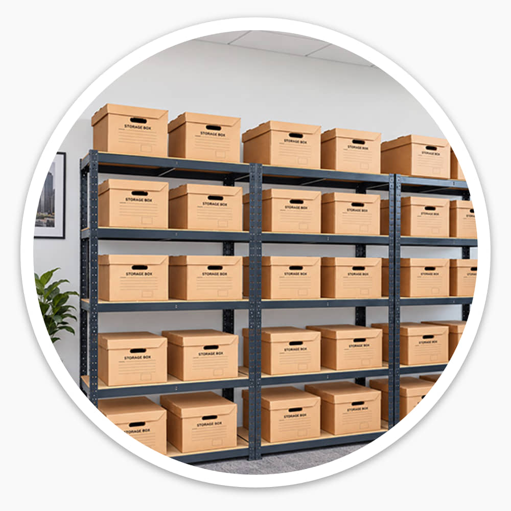 Archive Shelving System, 2700mm wide with 5 shelves of storage boxes, in an office where two staff pack archive boxes