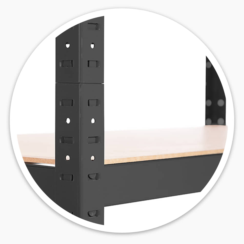 Close-up of the Archive Shelving System's slotted steel upright and shelf beam for boltless assembly