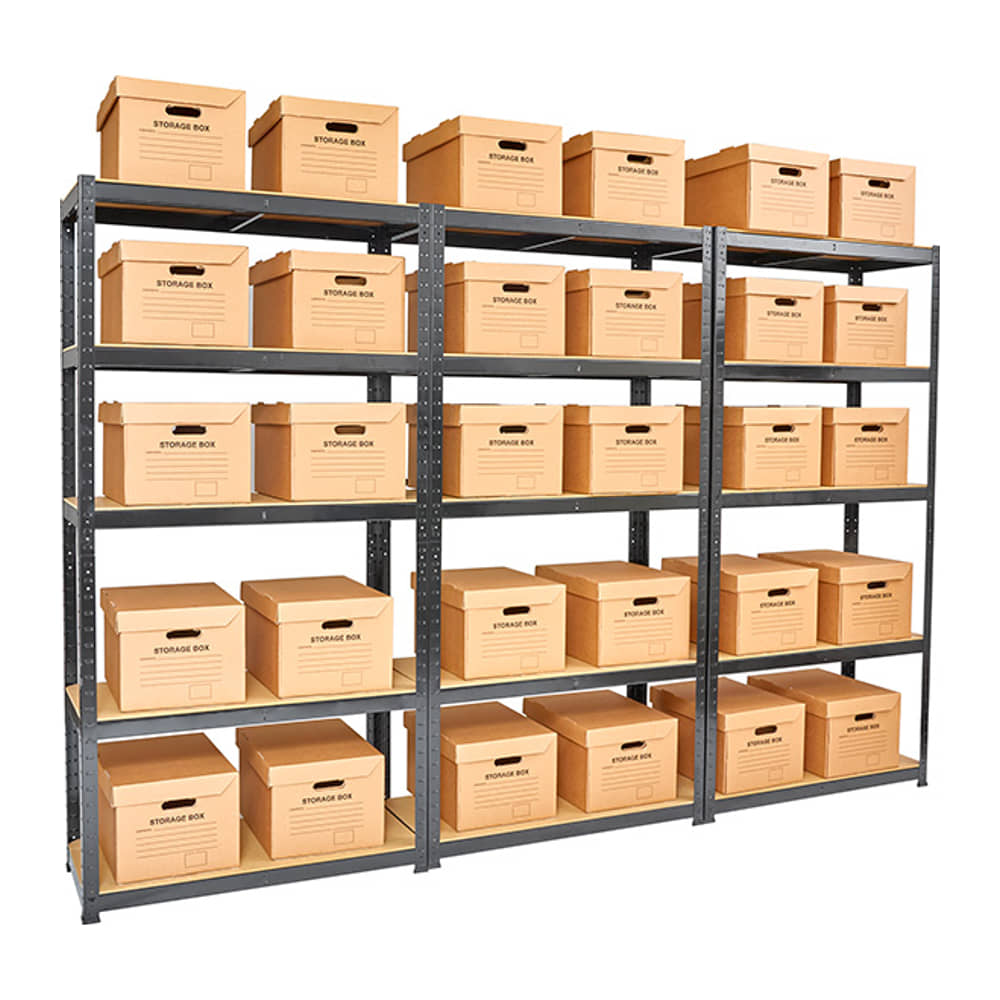Archive Shelving System with 5 shelves in three bays, each shelf holding cardboard archive storage boxes