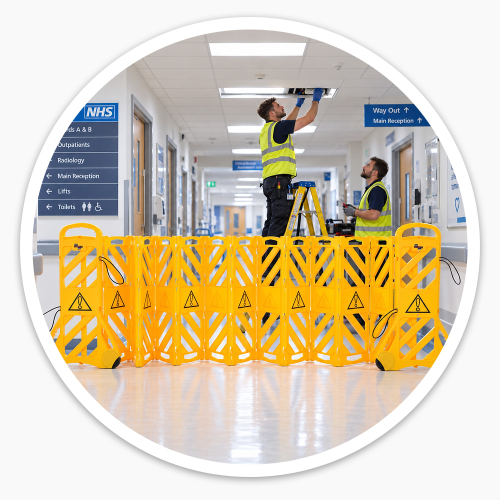 Portable Expanding Barrier closing off a hospital corridor while two engineers in hi-vis work on the ceiling