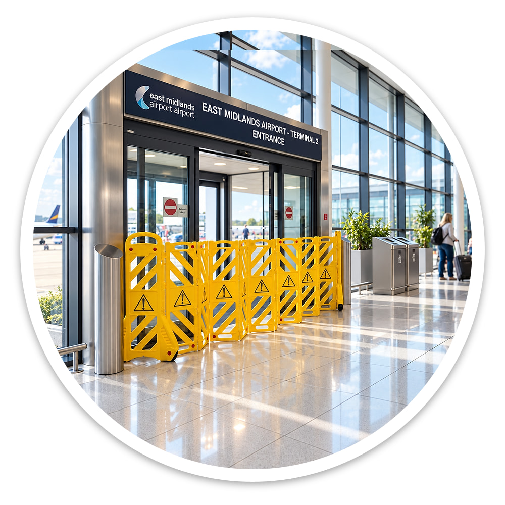 Portable Expanding Barrier partly opened across an airport terminal entrance doorway