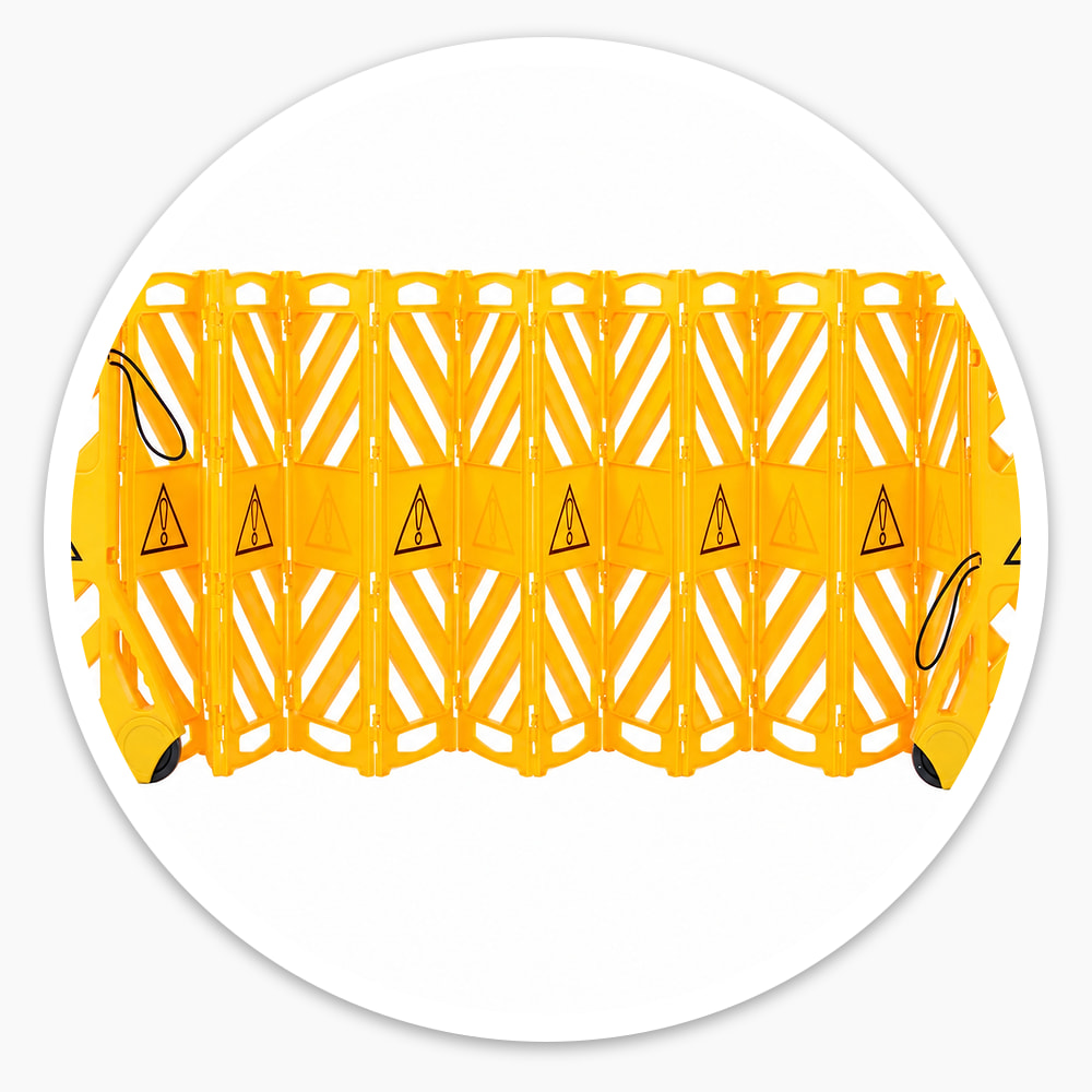 Front view of the Portable Expanding Barrier's yellow polypropylene panels with warning symbols