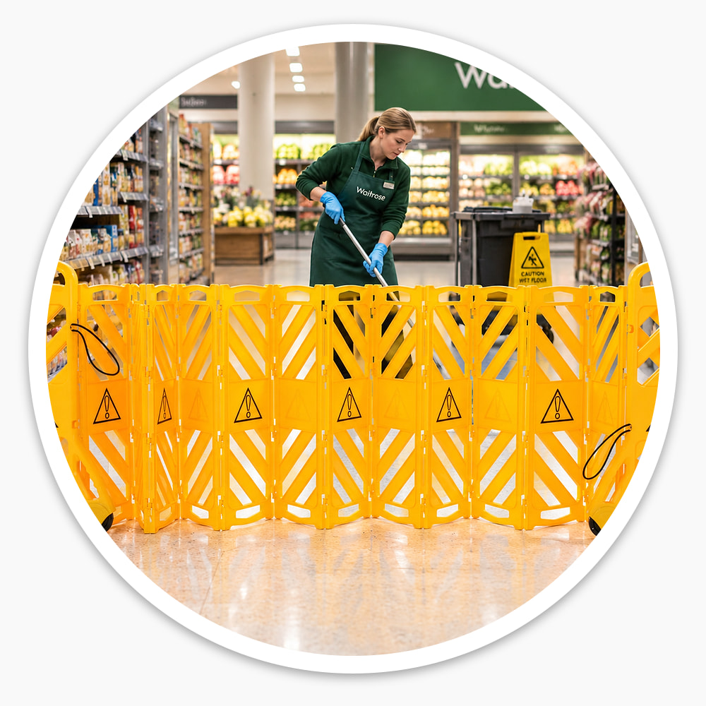 Yellow Portable Expanding Barrier around a supermarket aisle while a worker mops the floor