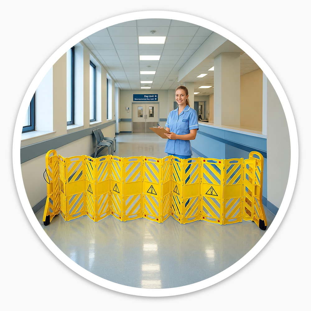 Nurse with a clipboard behind the yellow Portable Expanding Barrier in a hospital corridor