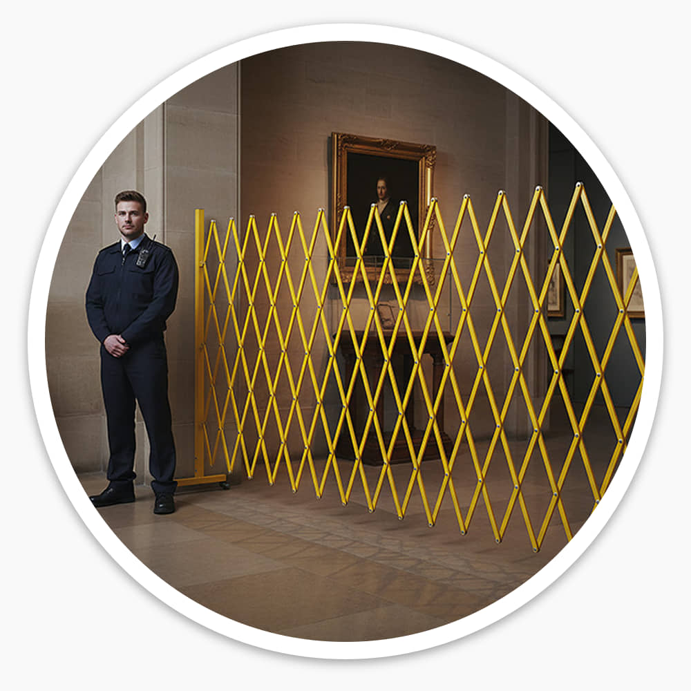 Security guard beside the Large Expandable Barrier, fully opened across a gallery room